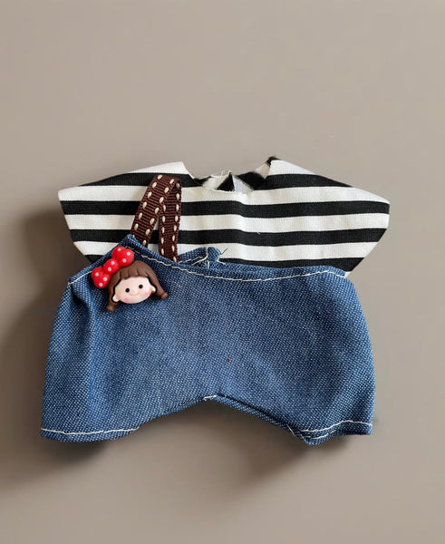 Salopette jeans monospalla tshirt rigata abitìno completo per Labubu