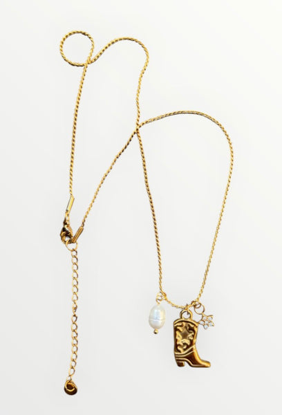 Collana multi charms stivale texano con perla e stellina due varianti colore