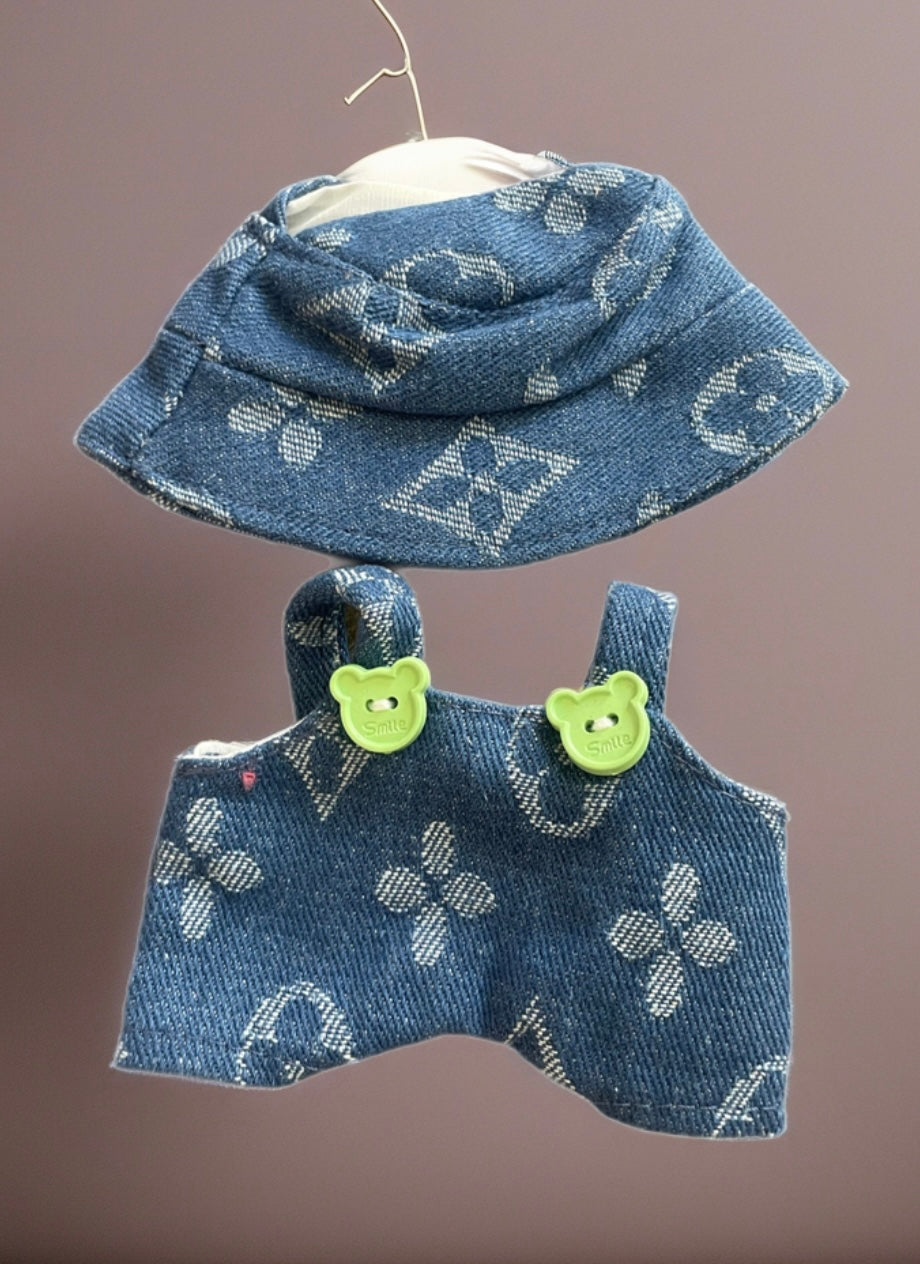 Salopette jeans bottoni teddy bear e  cappellino  abitìno completo per Labubu