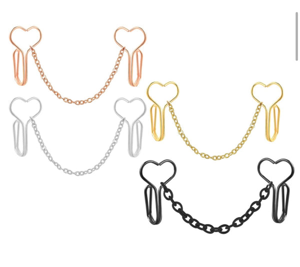 Orecchino per il naso clip Shaper bridge face jewels cuori e catenina vari colori