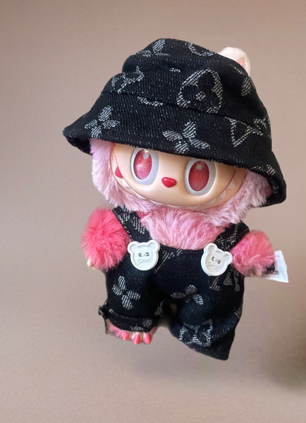 Salopette jeans nero bottoni teddy bear e  cappellino  abitìno completo per Labubu