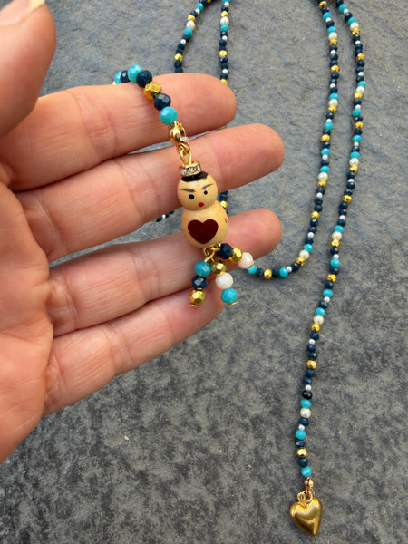 Collana Chinitos  de La Buena  Suerte blu oro ottanio chiaro perla
