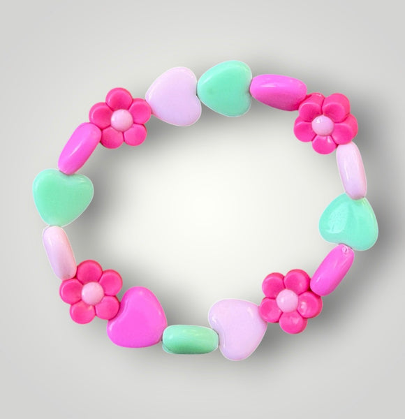 Bracciale colors Beads giro cuori small e fiori fuxia rosa verde acqua