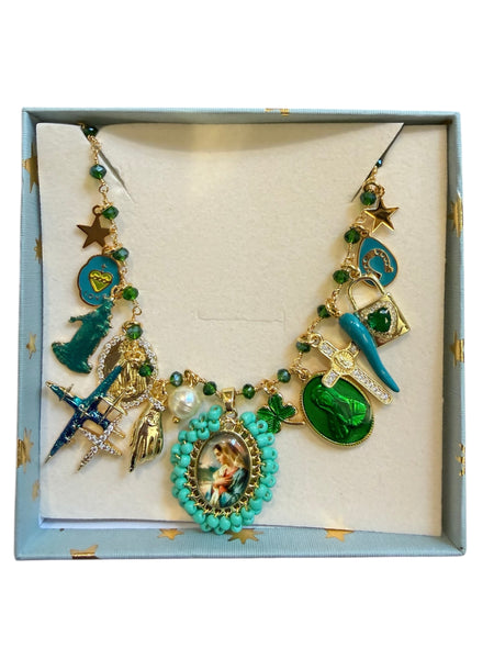 Collana principessa Glam Holy Mary multi charms green