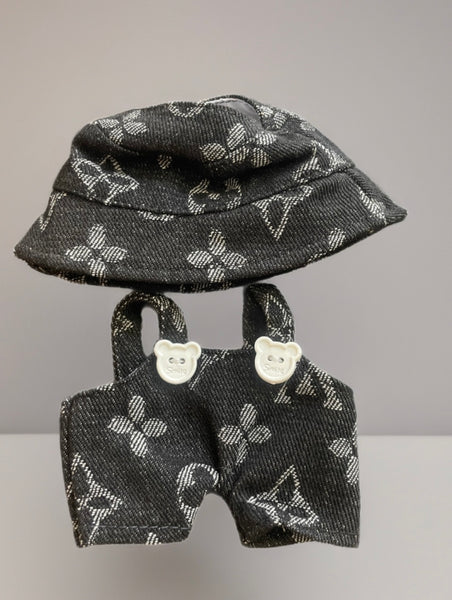 Salopette jeans nero bottoni teddy bear e  cappellino  abitìno completo per Labubu