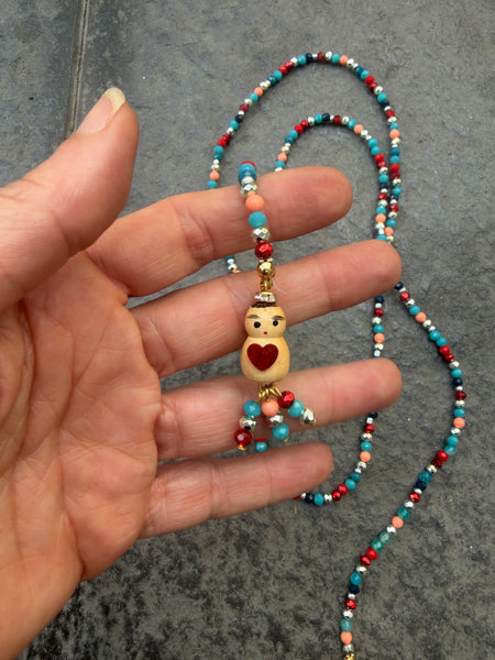 Collana Chinitos  de La Buena  Suerte ottanio argento rosso intenso rosso brillante blu