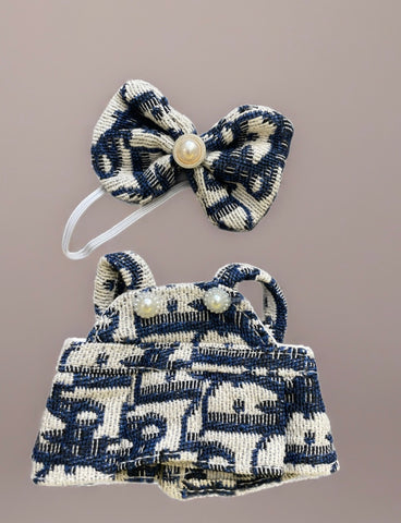 Abitìno completo Labubu vestito gonnellino e fiocco con perle blu