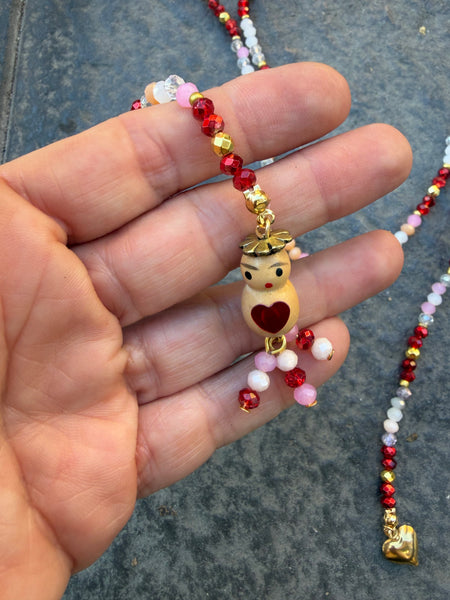 Collana Chinitos  de La Buena  Suerte rosso brillante rosa champagne bianco opal oro