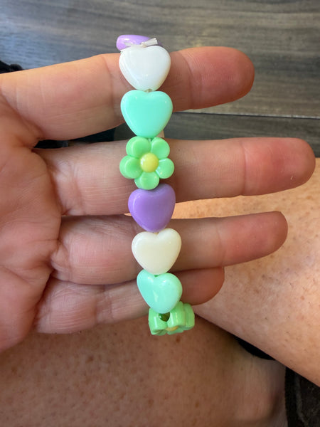 Bracciale colors Beads giro cuori small e fiori lilla verde acqua bianco