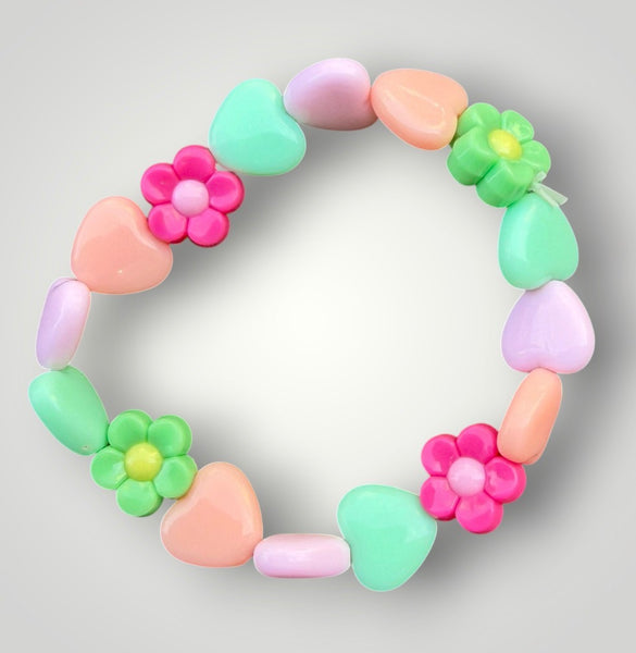 Bracciale colors Beads giro cuori small e fiori fuxia e verde