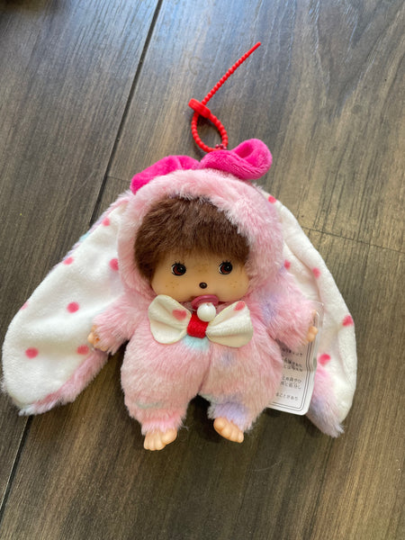 Portachiavi e applique per borsa Monchichi coniglietto orecchie lunghe rosa con cuoricini