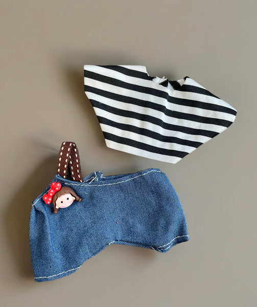 Salopette jeans monospalla tshirt rigata abitìno completo per Labubu