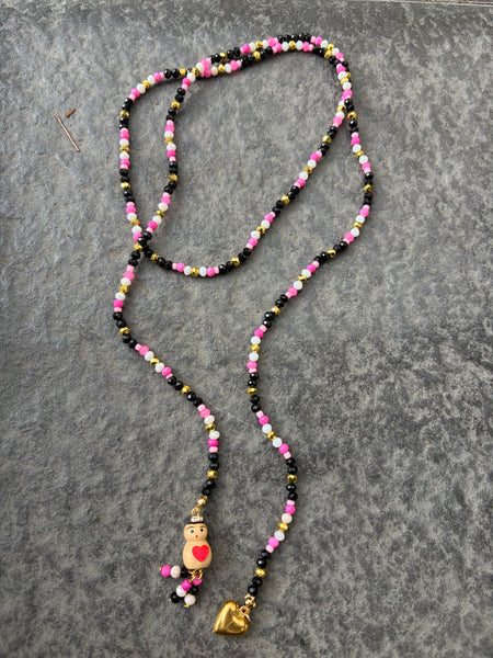 Collana Chinitos  de La Buena  Suerte nero fuxia oro bianco opal