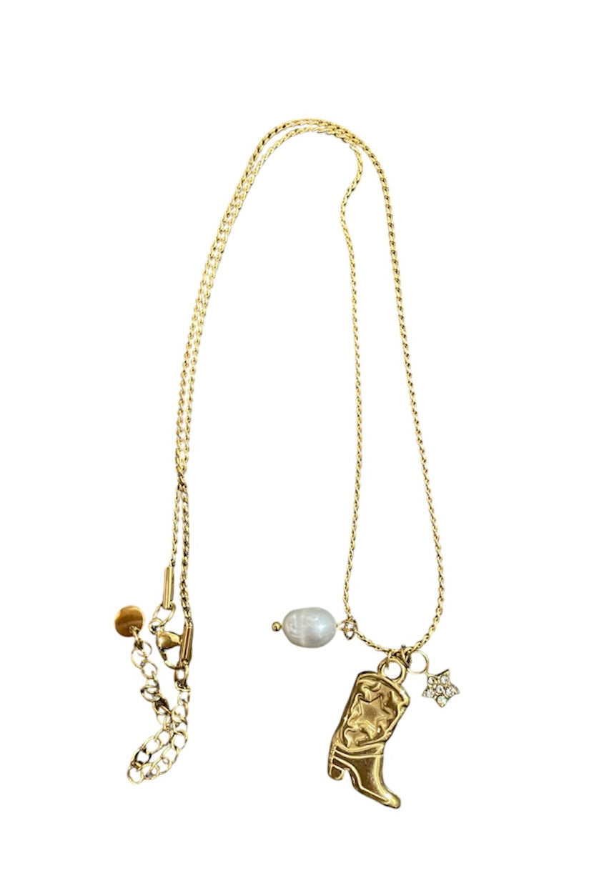 Collana multi charms stivale texano con perla e stellina due varianti colore