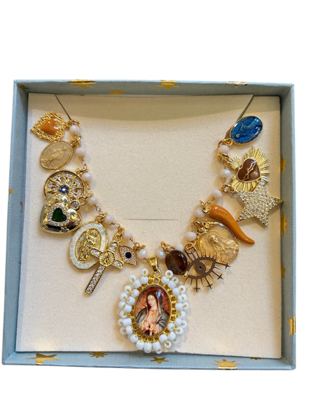 Collana principessa Glam Holy Mary Rosary multi charms White