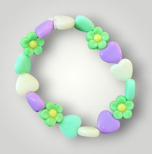 Bracciale colors Beads giro cuori small e fiori lilla verde acqua bianco