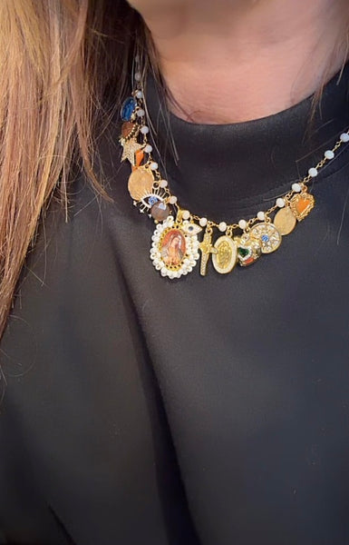 Collana principessa Glam Holy Mary Rosary multi charms White