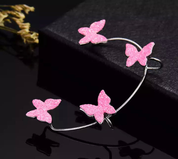 Mono orecchino polsino earcuff lungo per orecchie non forate farfalle glitter vari colori
