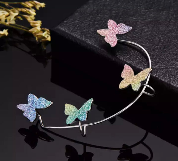 Mono orecchino polsino earcuff lungo per orecchie non forate farfalle glitter vari colori