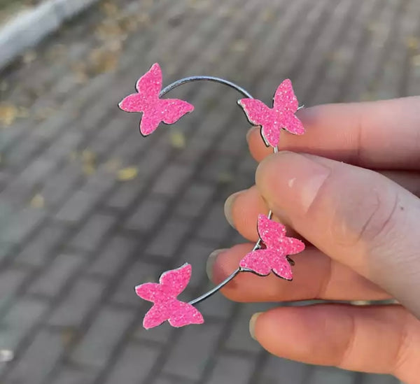 Mono orecchino polsino earcuff lungo per orecchie non forate farfalle glitter vari colori