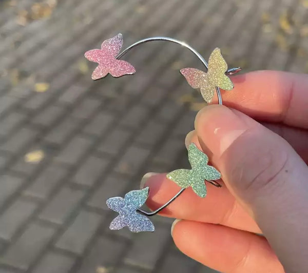Mono orecchino polsino earcuff lungo per orecchie non forate farfalle glitter vari colori