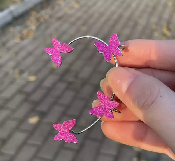 Mono orecchino polsino earcuff lungo per orecchie non forate farfalle glitter vari colori