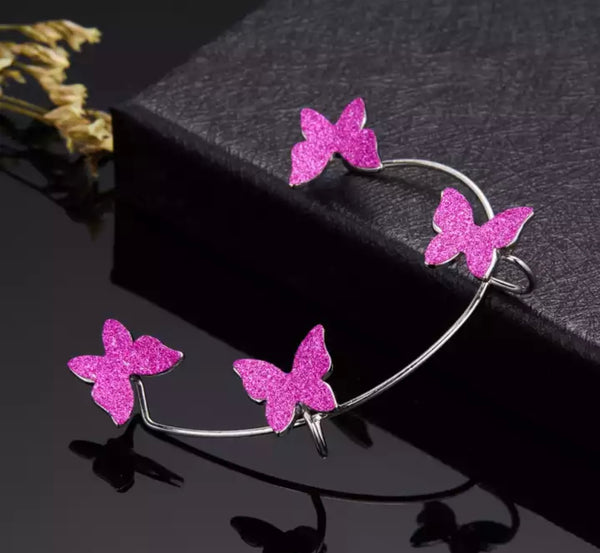 Mono orecchino polsino earcuff lungo per orecchie non forate farfalle glitter vari colori