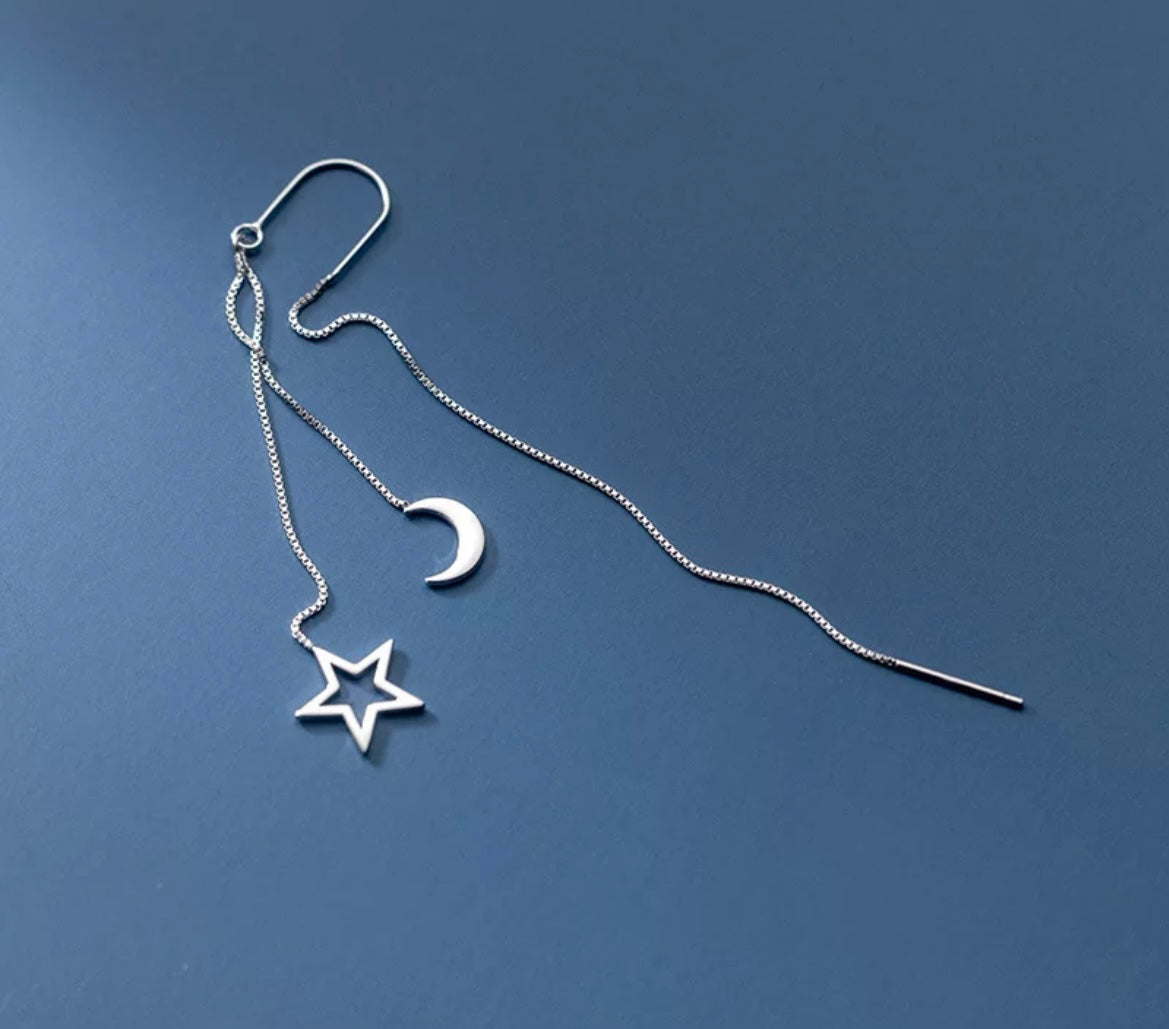 Mono orecchino catenella saliscendi sali e scendi stella luna due varianti colore